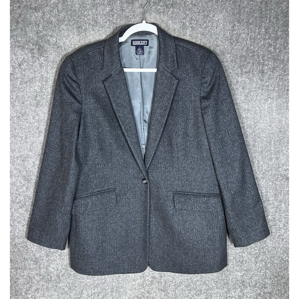 Vintage Lands End Wool Cashmere Blazer Womens Size 14 Gray Herringbone Pockets